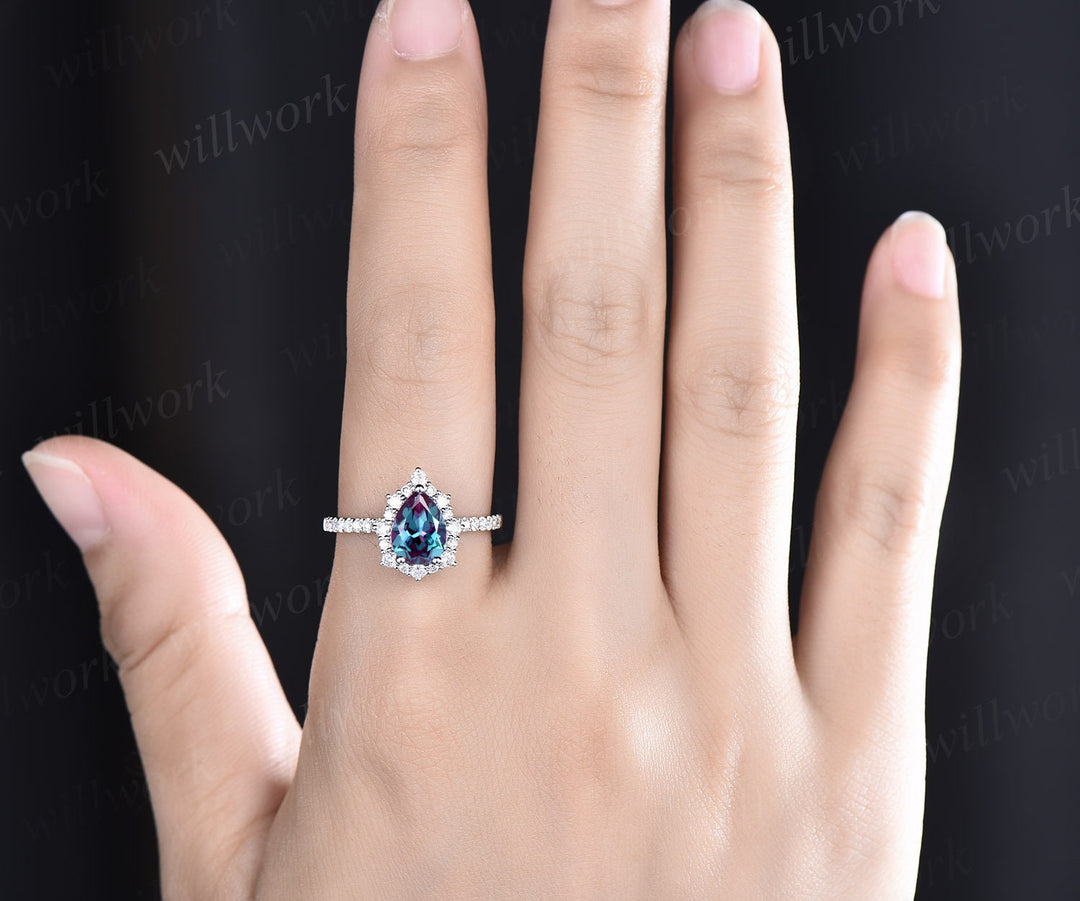 Vintage pear shaped Alexandrite engagement ring set halo rose gold ring milgrain diamond ring for women unique moissanite wedding ring set