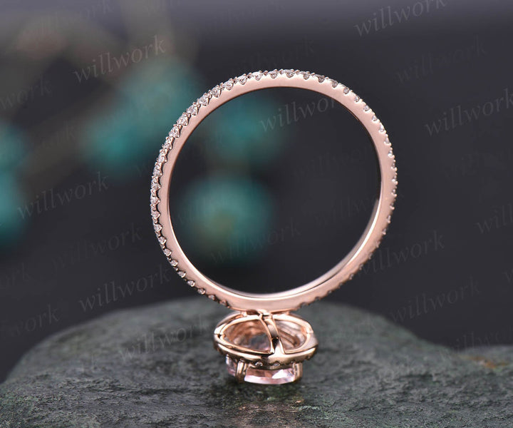 Unique vintage pear shaped pink morganite engagement ring 14k rose gold dainty halo full eternity diamond ring for women bridal wedding ring