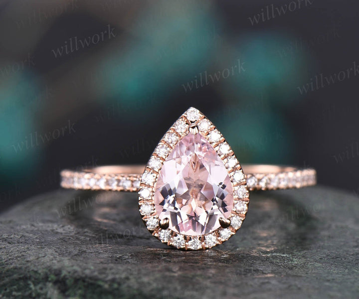Unique vintage pear shaped pink morganite engagement ring 14k rose gold dainty halo full eternity diamond ring for women bridal wedding ring