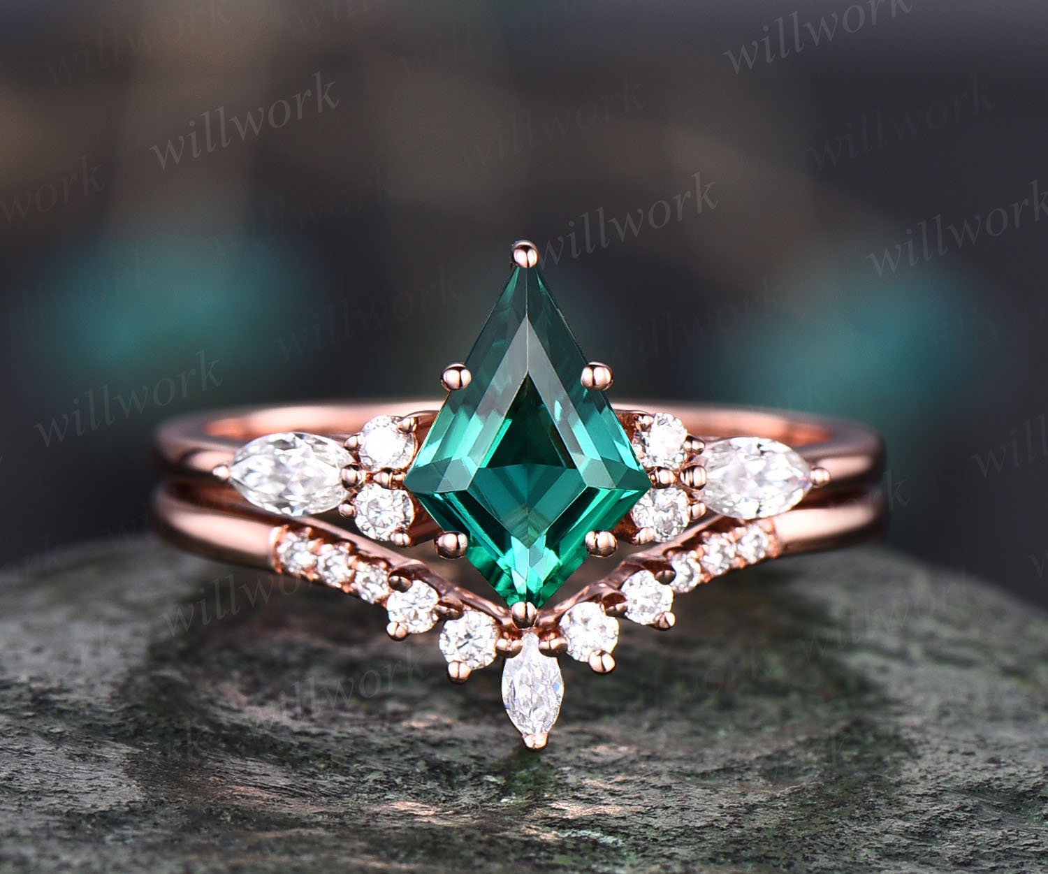 Round Emerald Engagement Ring Sets Pave Black Diamond Wedding Band 14K Rose  Gold