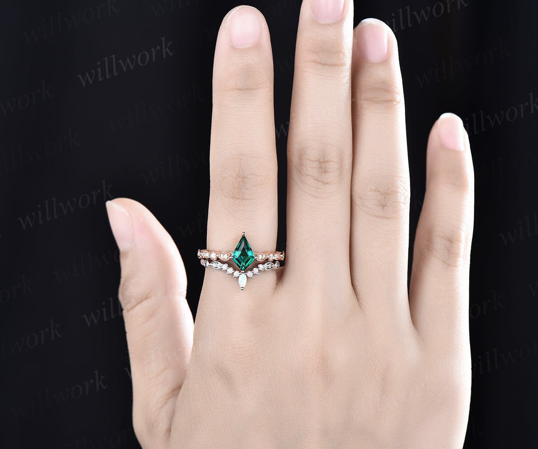 Unique emerald engagement ring set rose gold kite shaped ring art deco milgrain diamond ring vintage opal ring for women wedding ring set