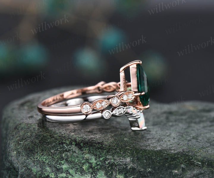 Unique emerald engagement ring set rose gold kite shaped ring art deco milgrain diamond ring vintage opal ring for women wedding ring set