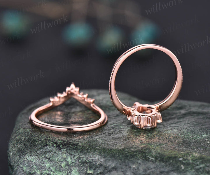 Unique pear shaped black rutilated quartz engagement ring set rose gold black diamond ring vintage moissanite anniversary ring set women