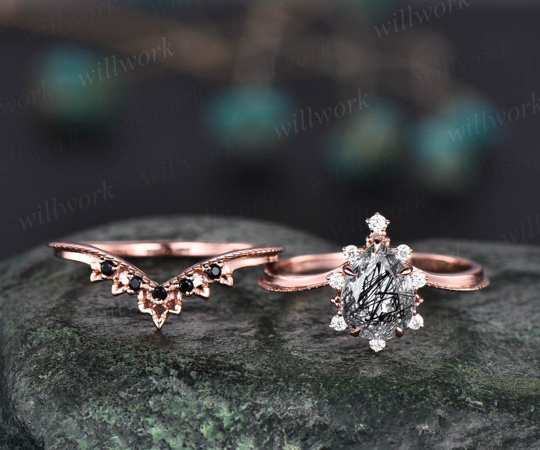 Unique pear shaped black rutilated quartz engagement ring set rose gold black diamond ring vintage moissanite anniversary ring set women