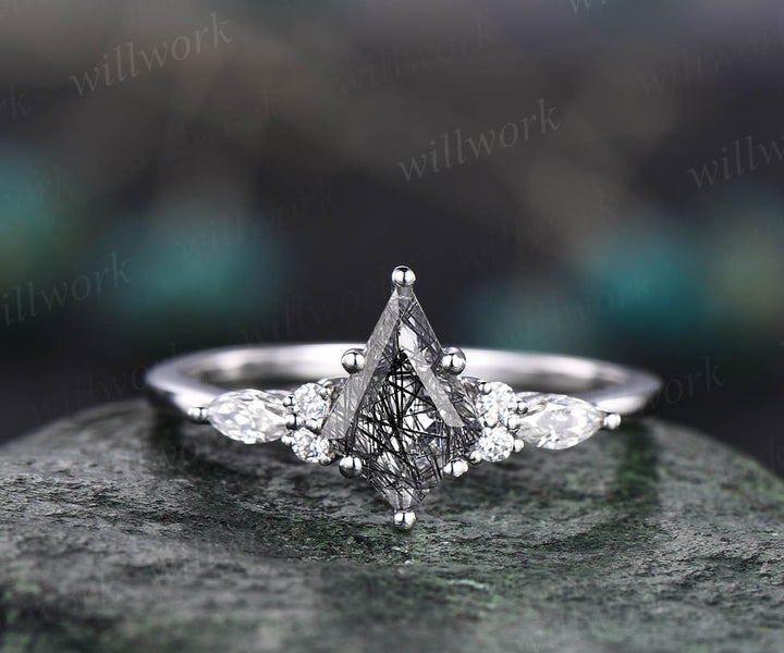Unique kite black rutilated quartz engagement ring set white gold art deco six prong moissanite bridal ring set for women black stone ring