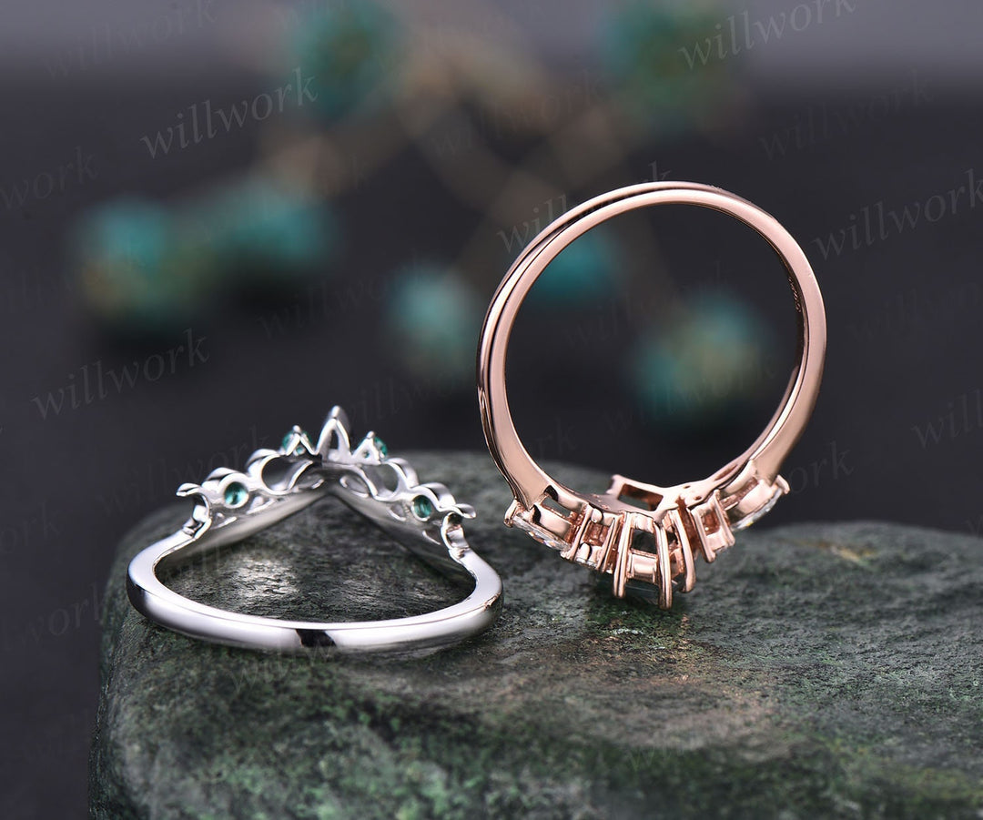 Kite shaped moss agate ring for women vintage unique green moss agate engagement ring set 14k rose gold emerald ring moissanite wedding set