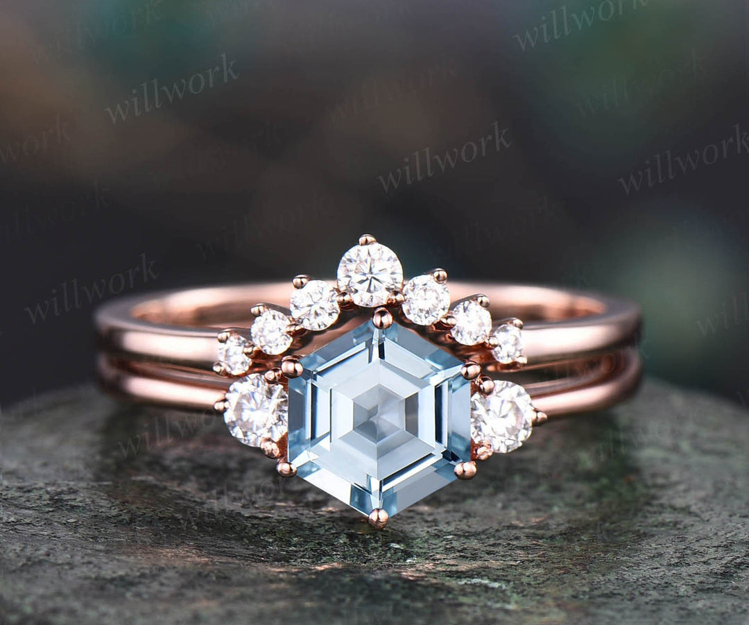 Hexagon cut aquamarine ring gold silver for women vintage unique aquamarine engagement ring set rose gold three stone moissanite bridal ring