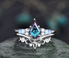 Unique kite cut Alexandrite engagement ring set 14k white gold antique vintage moissanite moonstone ring for women Norse Viking ring Jewelry