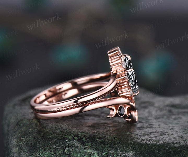 Vintage pear shaped black rutilated quartz engagement ring set rose gold Milgrain moissanite ring black diamond ring for women bridal set