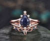 Vintage pear shaped blue sandstone engagement ring set rose gold cluster moissanite ring black diamond ring unique wedding ring set women