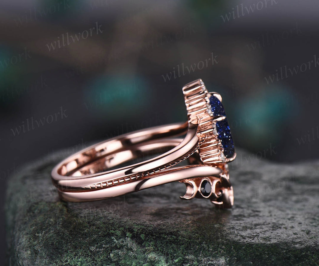 Vintage pear shaped blue sandstone engagement ring set rose gold cluster moissanite ring black diamond ring unique wedding ring set women
