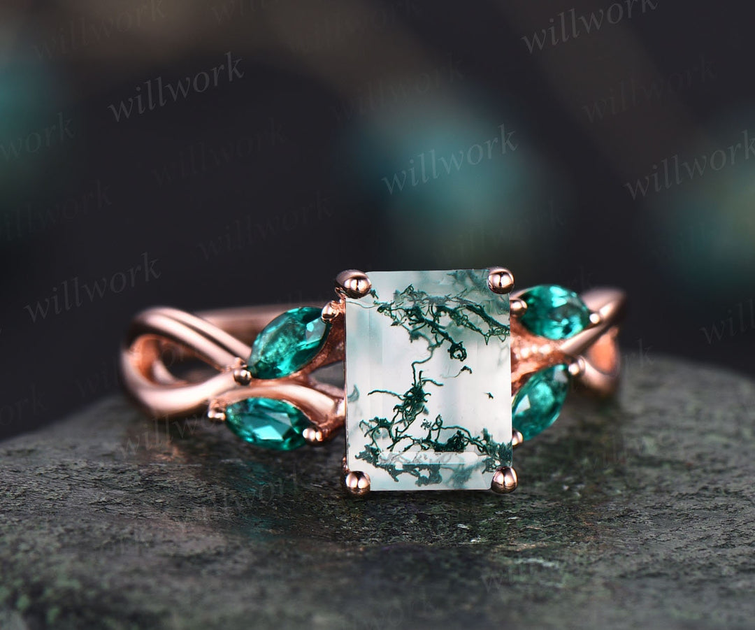 Emerald cut moss agate engagement ring five stone unique vintage marquise emerald rose gold engagement ring twisted wedding ring for women