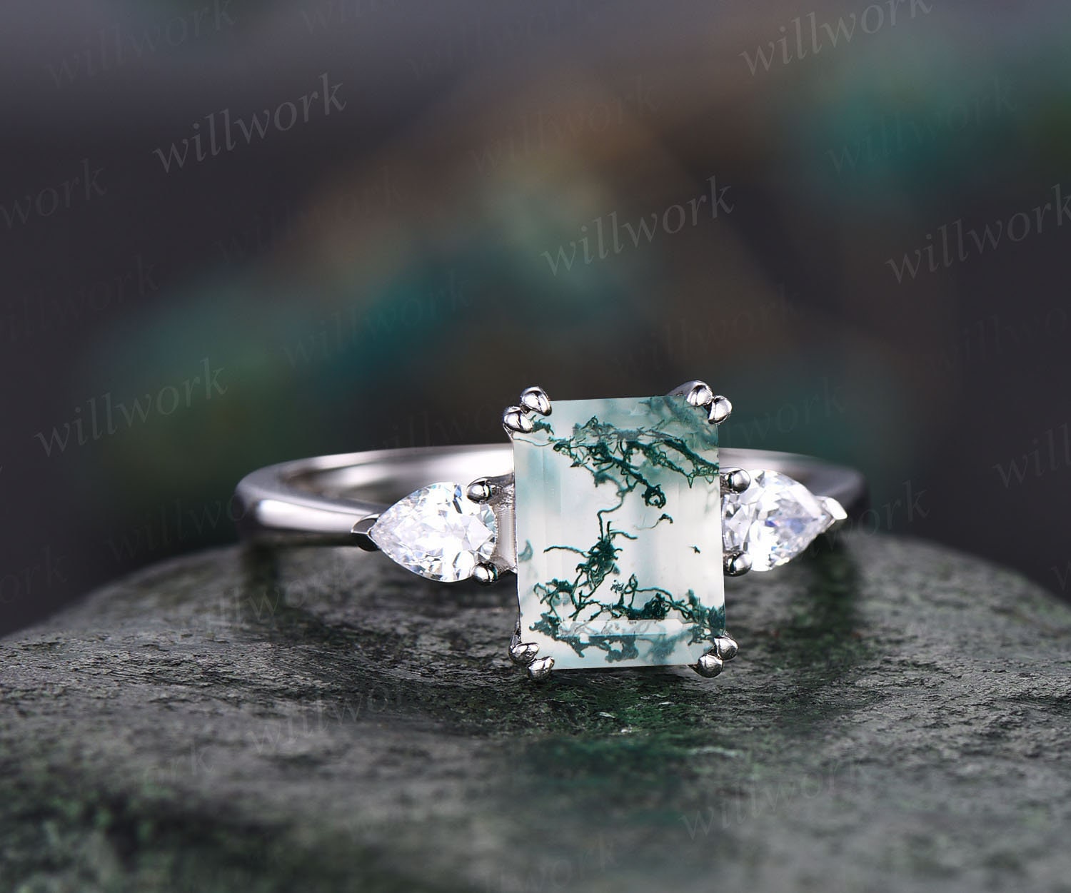 Vintage emerald cut moss agate engagement ring white gold three