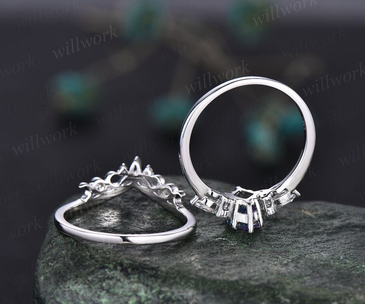 Unique Alexandrite engagement ring set white gold silver kite cut ring women norse viking ring Jewelry vintage moissanite bridal set women