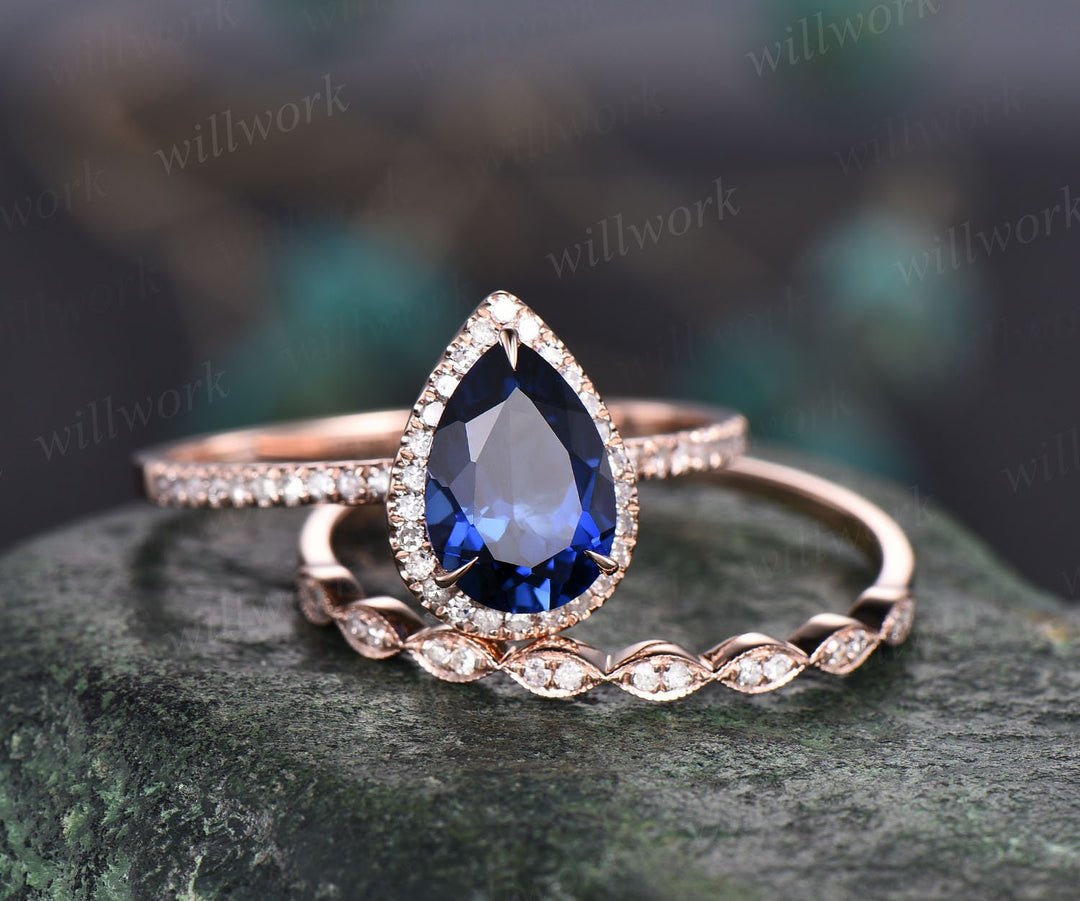 Unique Pear shaped sapphire engagement ring set 14k rose gold halo diamond ring vintage wedding ring set for women September birthstone ring