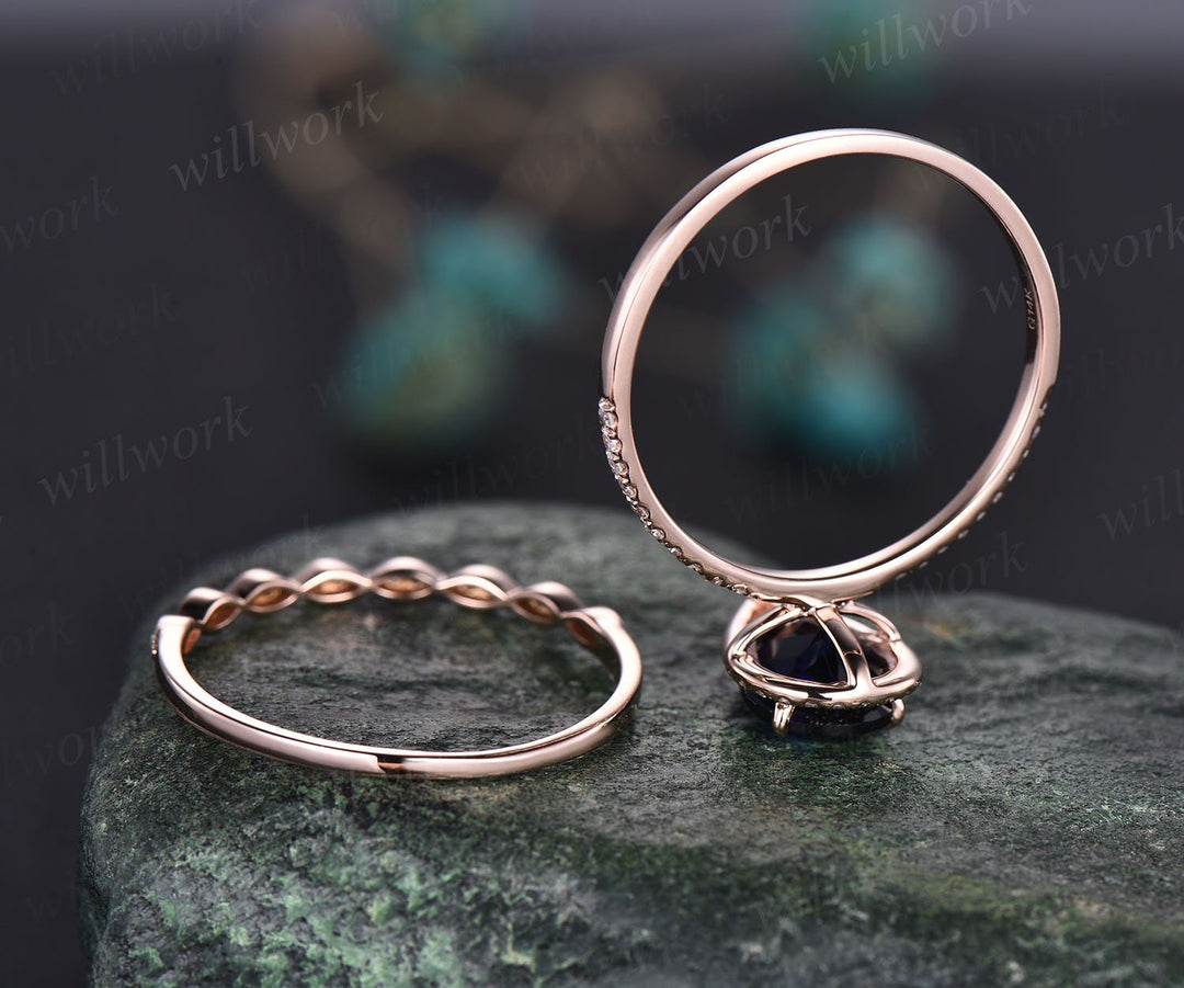 Unique Pear shaped sapphire engagement ring set 14k rose gold halo diamond ring vintage wedding ring set for women September birthstone ring