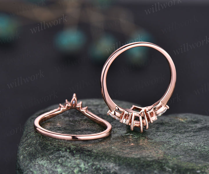 Vintage Alexandrite engagement ring set kite cut ring rose gold art deco marquise cut moonstone ring moissanite wedding ring set for women