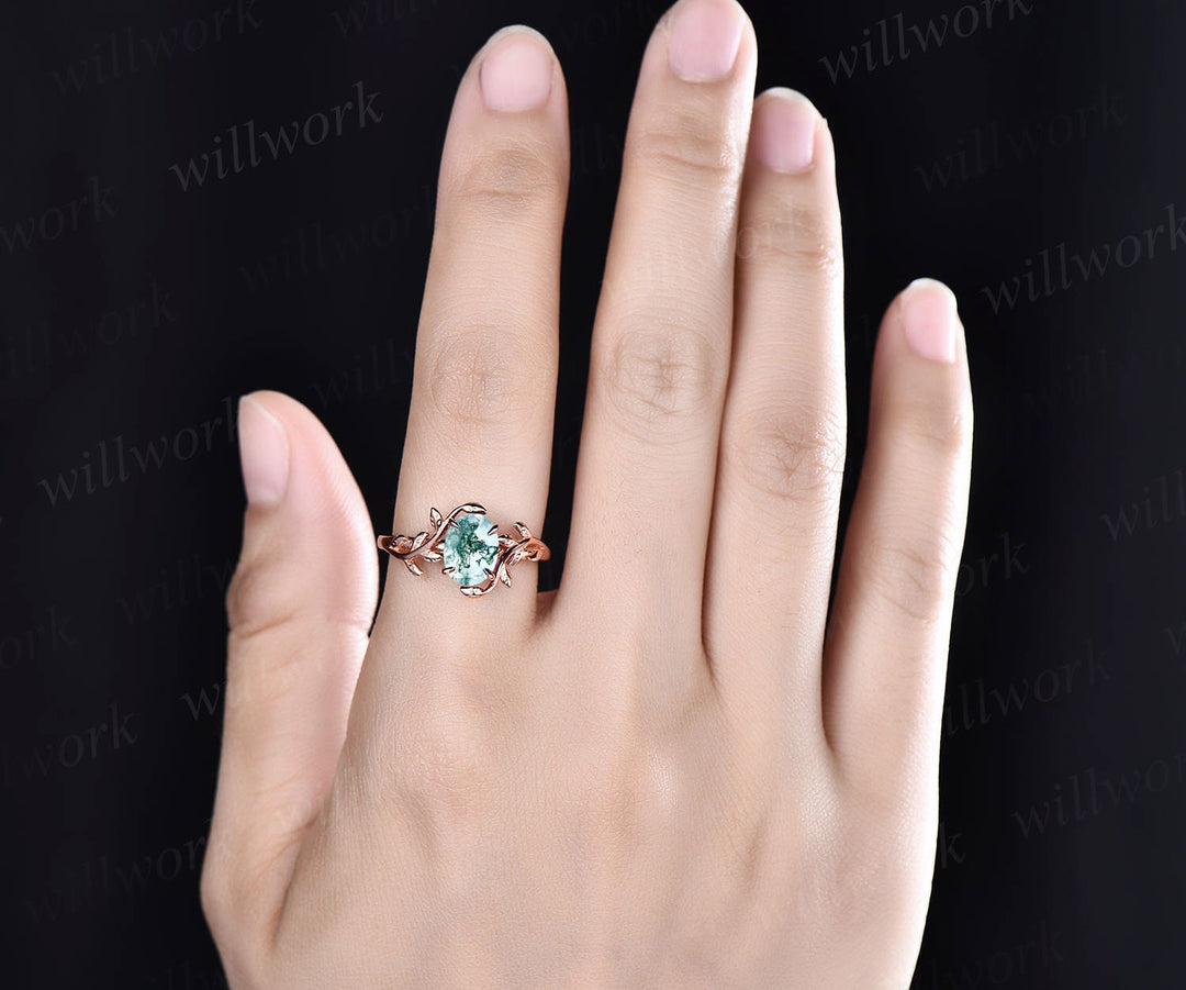 Unique vintage green moss agate engagement ring leaf flower art deco dainty solitaire rose gold ring promise bridal weddring ring jewelry