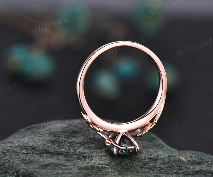 Oval cut green moss agate ring nature inspired engagement ring leaf solitaire 14k rose gold promise anniversary wedding ring women gifts