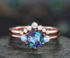 Unique Alexandrite moonstone engagement ring set rose gold hexagon cut ring three stone minimalist ring moissanite bridal ring set women