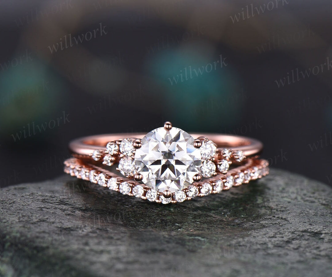 Cluster vintage moissanite engagement ring set rose gold half eternity round cut wedding ring set unique anniversary ring set for her women