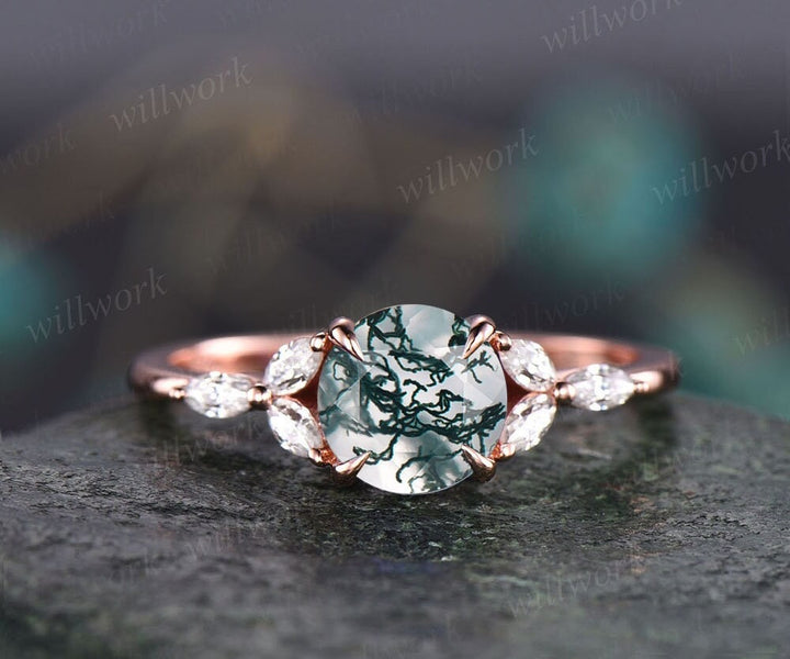 Round moss agate engagement ring art deco moissanite ring rose gold ring for women marquise ring unique vintage best engagement ring gift