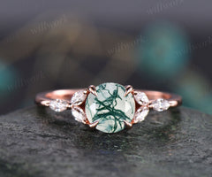 Round moss agate engagement ring art deco moissanite ring rose gold ring for women marquise ring unique vintage best engagement ring gift