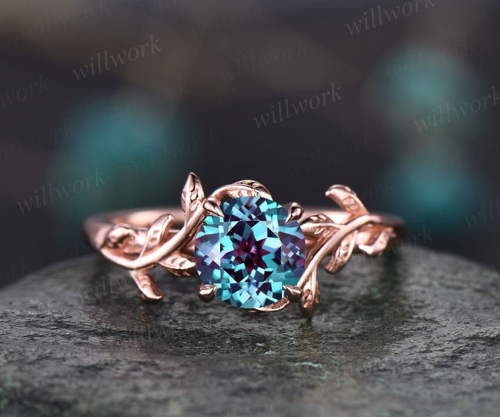 Vintage round cut Alexandrite engagement ring leaf flower unique solitaire 14k rose gold engagement ring art deco 1ct wedding ring for women