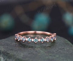 Alexandrite wedding band Vintage diamond ring for women rose gold half eternity diamond wedding ring band unique bridal anniversary ring