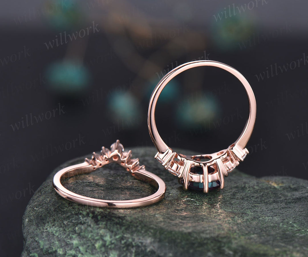 Vintage round cut Alexandrite engagement ring set 14k rose gold minimalist five stone ring six prong moissanite wedding ring set for women