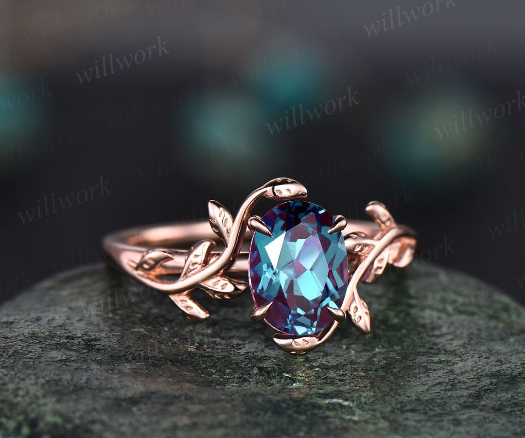 Vintage Alexandrite engagement ring leaf flower 14k rose gold ring oval cut color change Alexandrite ring for women sterling silver jewelry