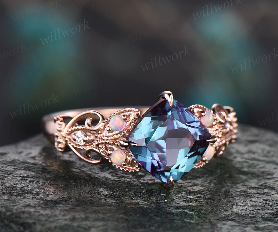 Cushion cut Alexandrite engagement ring 14k rose gold butterfly flower unique vintage engagement ring opal diamond wedding ring for women