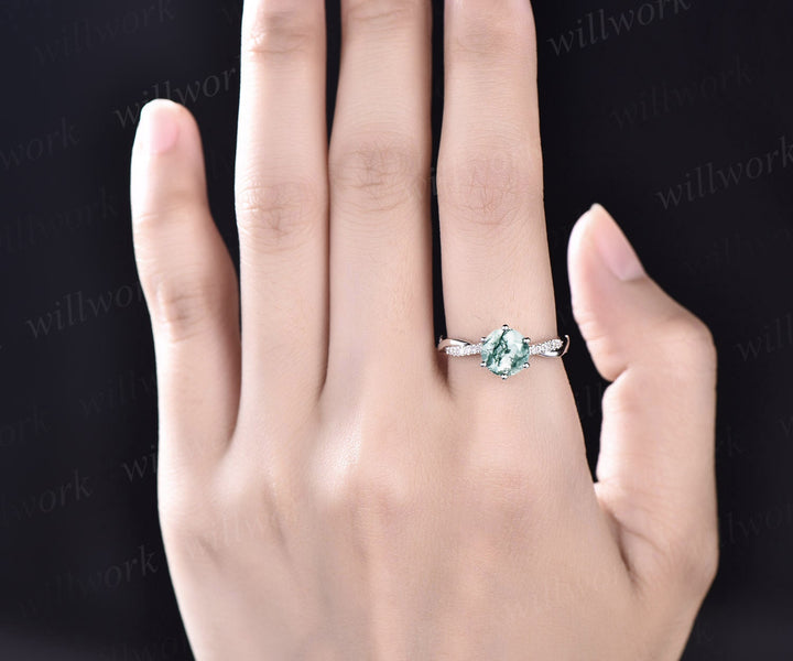 Unique round cut green moss agate engagement ring 14k white gold six prong ring twisted diamond ring vintage promise wedding ring for women