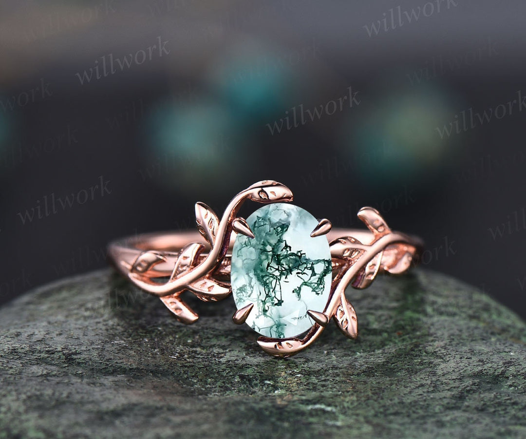 Unique vintage green moss agate engagement ring leaf flower art deco dainty solitaire rose gold ring promise bridal weddring ring jewelry