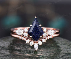 Unique kite cut blue sandstone engagement ring set 14k rose gold ring vintage marquise cut moissanite anniversary wedding ring set for women