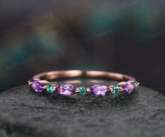 Marquise cut amethyst wedding band half eternity natural emerald wedding band 14k rose gold art deco stacking ring women anniversary band
