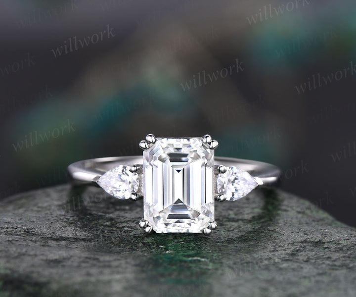 Emerald cut moissanite engagement ring 14k white gold three stone vintage unique pear shaped moissanite engagement ring minimalist for women