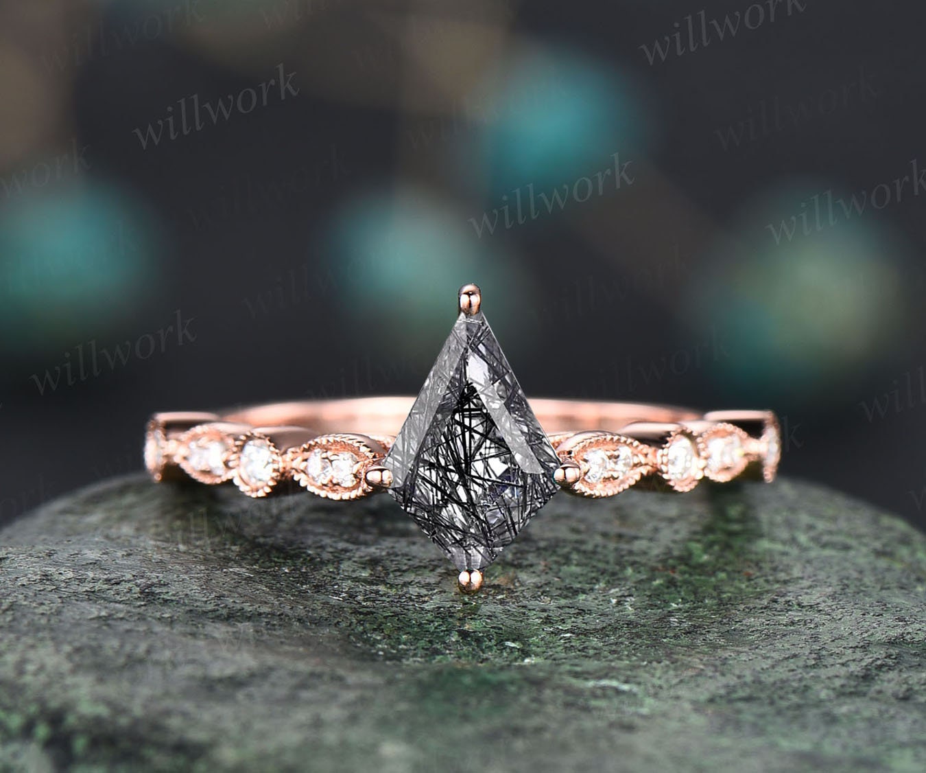 Vintage Kite Shaped Rutile Quartz Engagement Ring 14k Rose Gold Rutile Quartz 2024 Leaf Style Wedding Ring Art Deco Rutile Quartz Bridal Ring