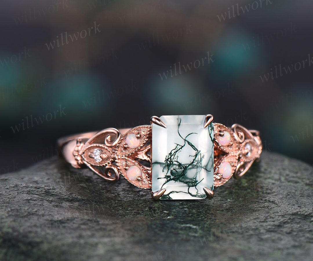 Vintage emerald cut green moss agate engagement ring 14k rose gold butterfly flower milgrain opal diamond ring unique wedding ring for women