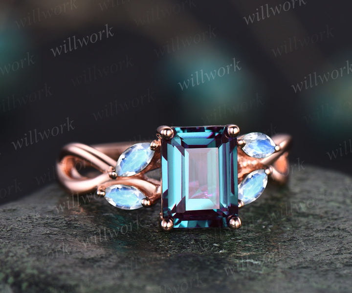Vintage emerald cut Alexandrite engagement ring five stone art deco 14k rose gold ring marquise cut moonstone ring unique wedding ring women