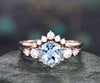 Vintage unique aquamarine engagement ring set round cut ring rose gold five stone moissanite wedding ring set women March birthstone ring