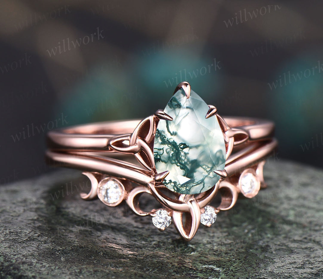 Unique pear shaped green moss agate engagement ring set 14k rose gold solitaire Norse Viking ring Jewelry antique wedding ring set for women