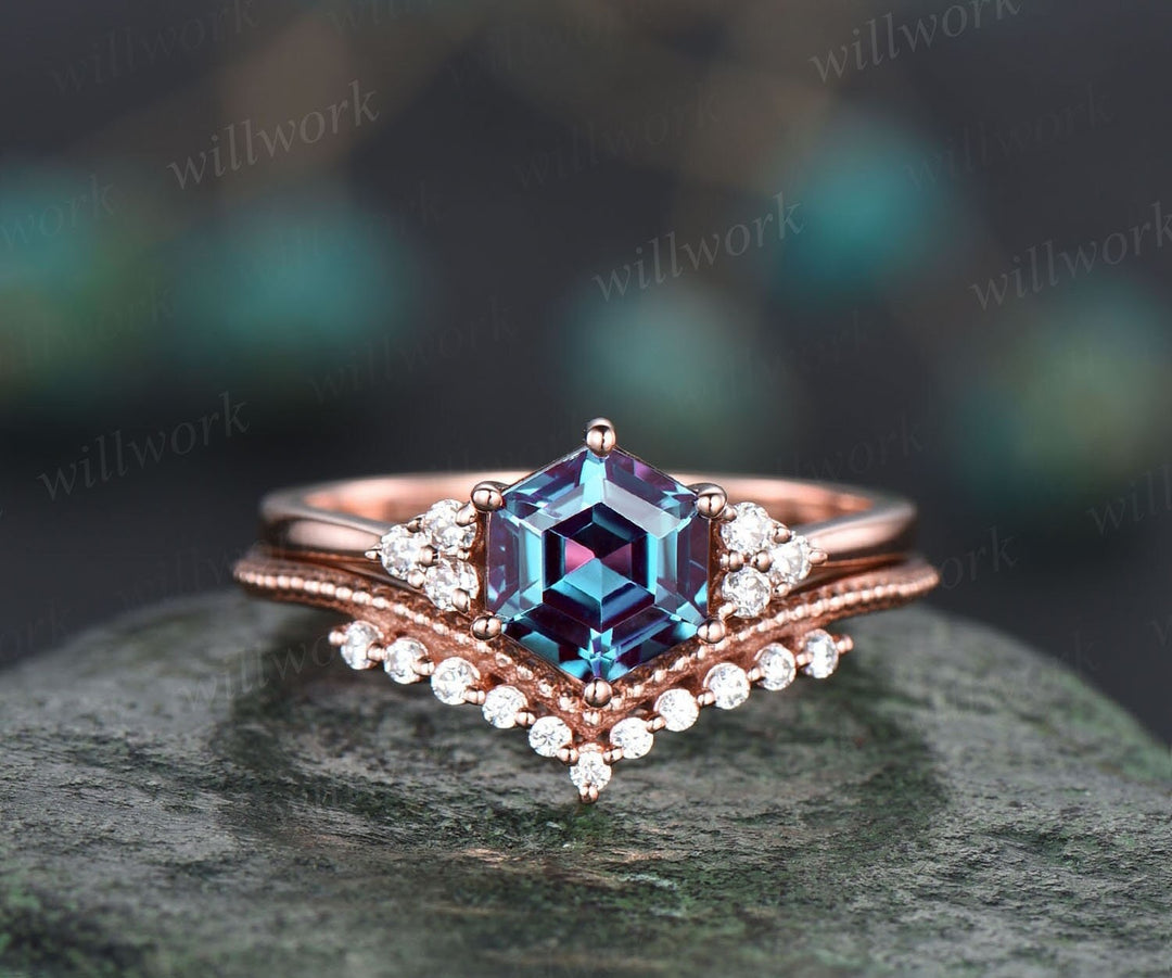 Unique alexandrite engagement ring set hexagon shaped ring vintage dainty diamond ring set rose gold six prong wedding ring set for women