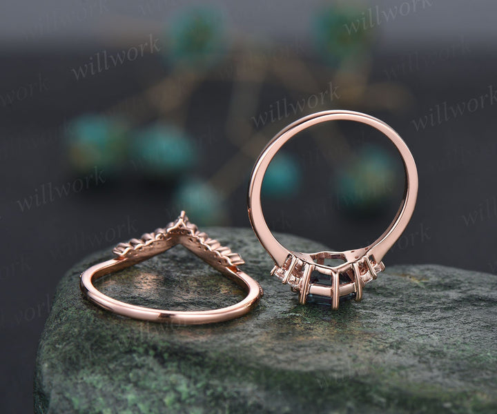 Hexagon cut green moss agate ring rose gold silver vintage unique engagement ring set six prong dainty moissanite bridal ring set for women