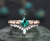 Unique emerald engagement ring set rose gold kite shaped ring art deco milgrain diamond ring vintage opal ring for women wedding ring set