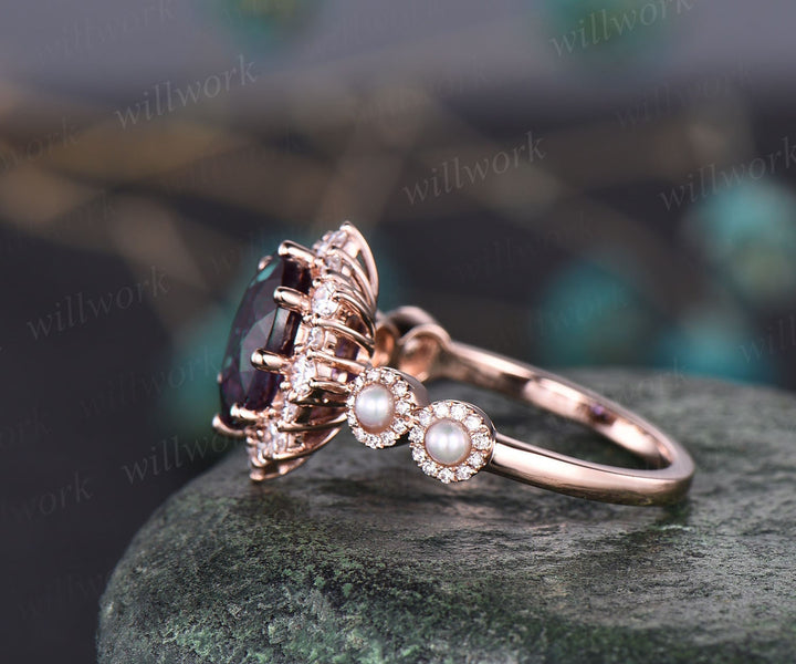 Vintage unique oval Alexandrite engagement ring 14k rose gold Akoya Pearl ring halo moissanite ring 8 prong bridal wedding ring for women