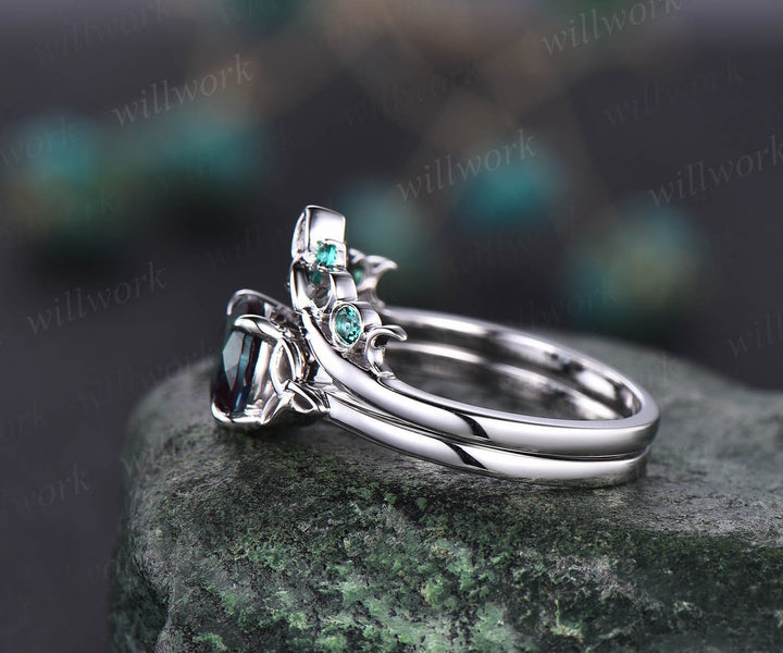 Round cut Alexandrite ring white gold silver vintage unique solitaire engagement ring set moon Norse Viking emerald ring for women jewelry