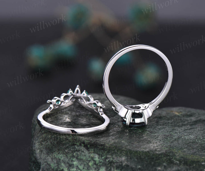 Round cut Alexandrite ring white gold silver vintage unique solitaire engagement ring set moon Norse Viking emerald ring for women jewelry