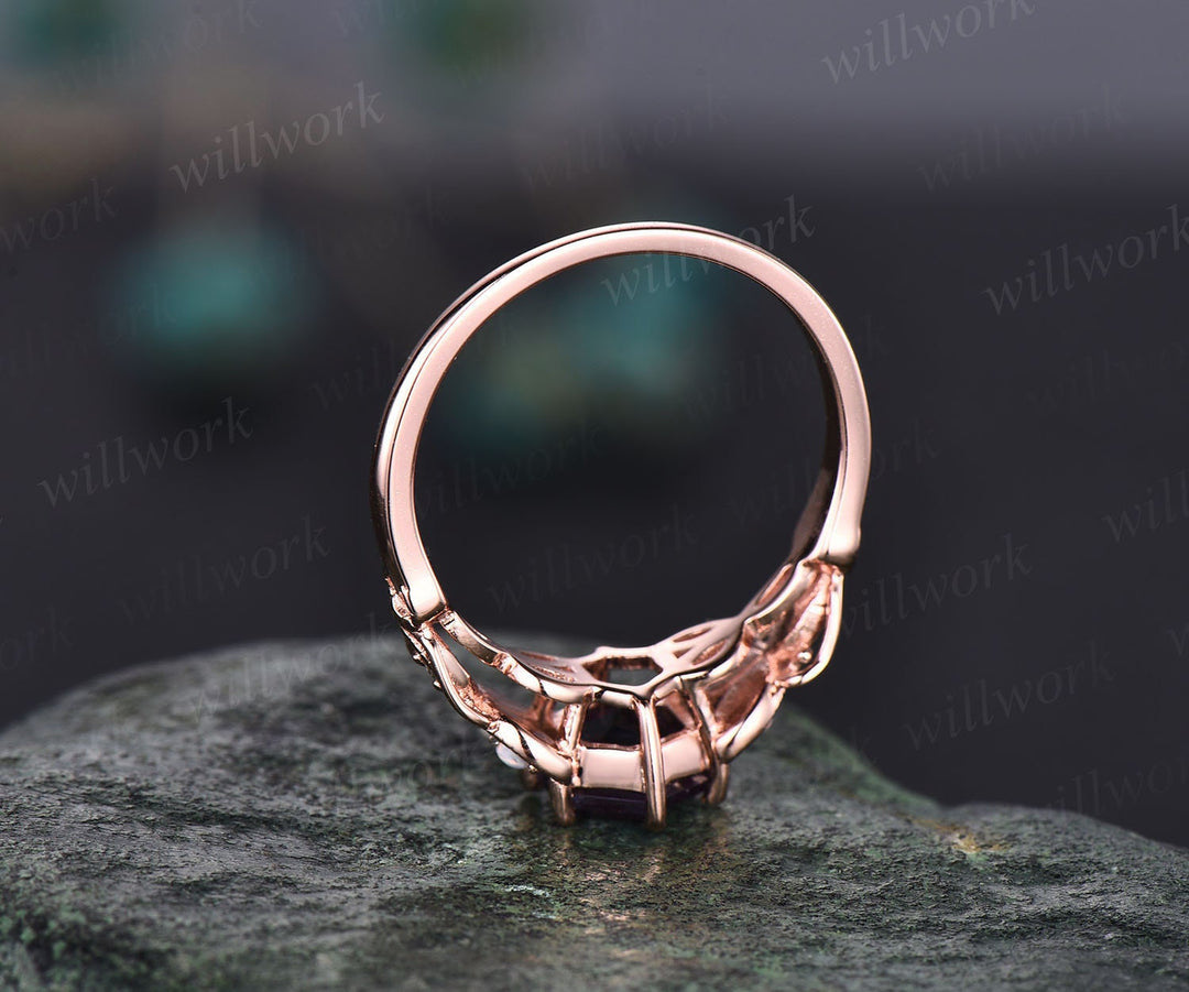 Vintage unique Hexagon cut green moss agate engagement ring rose gold leaf flower opal ring milgrain diamond wedding ring for women jewelry