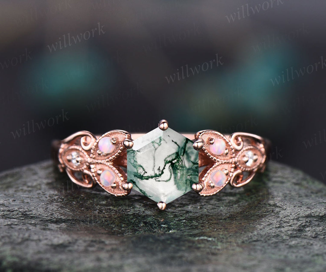 Vintage unique Hexagon cut green moss agate engagement ring rose gold leaf flower opal ring milgrain diamond wedding ring for women jewelry